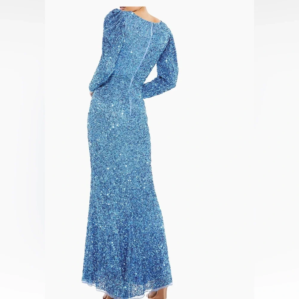 Mac Duggal Sparkling Blue Long Sleeve Dress - Picture 2 of 3